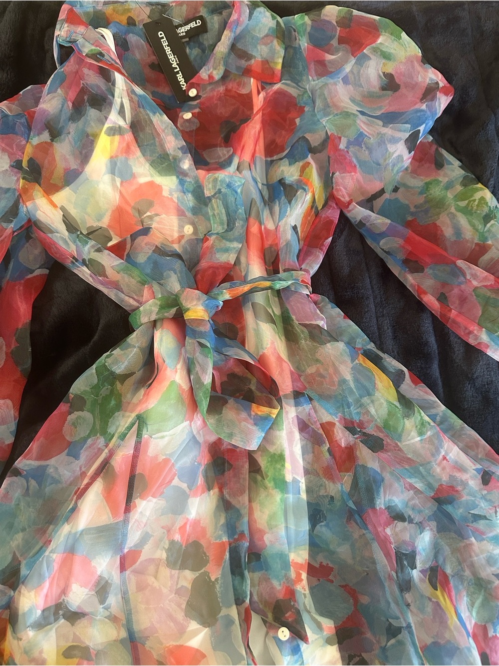 Karl Lagerfeld Girls Multicolor Floral Sheer Tie-Waist Dress